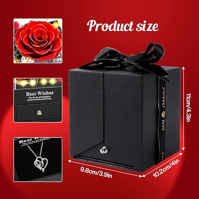Christmas Birthday Gifts for Women - Preserved Real Rose with I Love You Heart 100-Language Necklace, LED Lights & Music Gift Box, Christmas for Women Girlfriend Mom