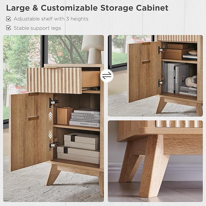 T4TREAM 60'' Fluted Executive L Shaped Desk, Modern Home Office Desk with Charging Station and File Drawer, Computer Corner Desks with Drawers & Storage Cabinet for Office Home, Bedroom, Natural Oak