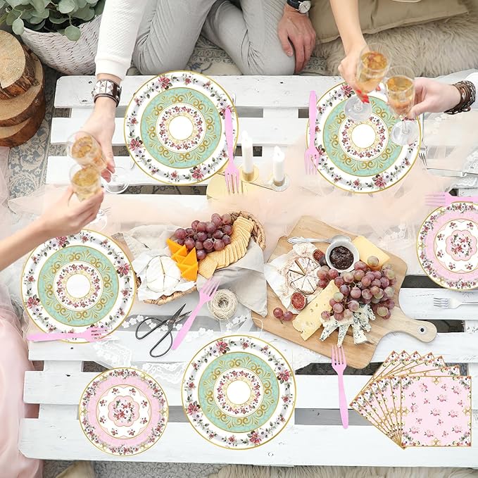 96pcs Floral Party Supplies Flower Paper Plates and Napkins Tableware Set for 24 Guest Floral Party Disposable Paper Dinner Plates Napkins Forks for Birthday Bridal Shower Tea Party Supplies
