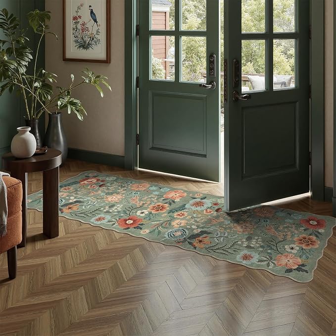 DCX Vintage Floral Rug 2x6, Washable Sage Green Rug for Hallway, Kid & Pet Friendly with Rubber Back Non Slip, Soft Low Pile Carpet, Stain Resistant Rug for Dining Room, Kitchen, and Bathroom