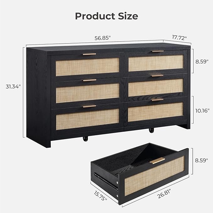 SICOTAS Rattan Dresser for Bedroom, 57" Wide 6 Drawer Dresser with Ample Storage, Wooden Dressers Large Chest of Drawers, Closet, Boho TV Stand for Bedroom (Black Oak, 1 Piece)