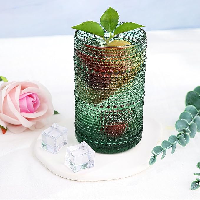 Hobnail-Drinking Glasses 13oz Vintage Glassware Sets Cocktail Juice Glasses Set of 6, Blackish Green