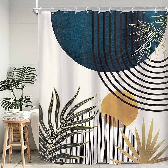 KOMLLEX Mid Century Blue Boho Shower Curtain 60Wx72L Inches Abstract Modern Blue Shower Curtains for Bathroom Decor Plant Botanical Minimalist Arch Sun Fabric Liner Waterproof Polyester 12 Pack Hooks