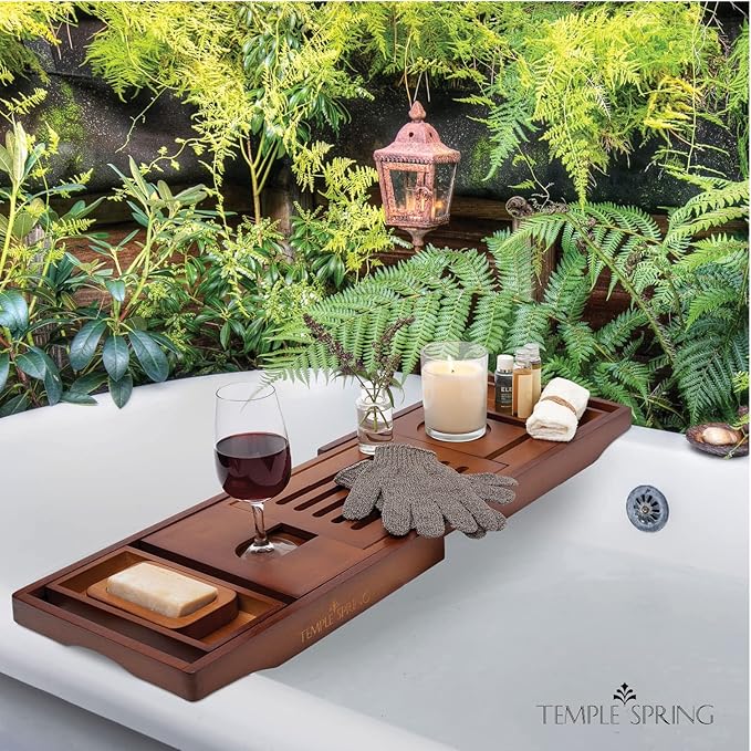 Temple Spring Bamboo Bathtub Tray Caddy for Tub — Expandable Wood Bath Tray with Solid Book Stand Wine Holder and Non-Slip Pads — Includes Bamboo Soap Dish and Spa Accessories — Luxury Bath Gift Set