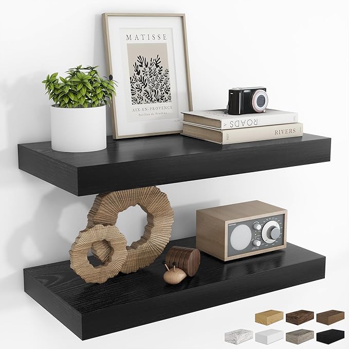 RICHFOCUS 20Inch Floating Shelves for Wall 2 Pack Shelves for Bedroom|Kitchen|Bathroom|Laundry Room Rustic Wood Wall Mounted Shelf with Invisible Brackets for Books|Storage|Decor, Black