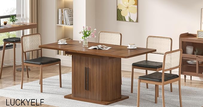 Extendable Dining Room Table for 4-6, 47-65 Inch Rectangle Kitchen Dining Table with Large Storage, Fluted Sliding Door, Expandable Mid Century Modern Dinner Furniture, Living Room, Walnut, Brown