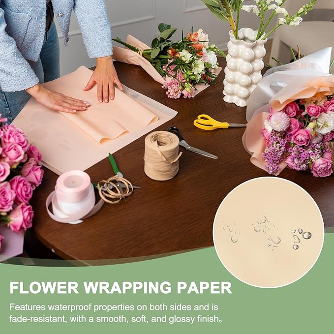 PATIKIL Flower Gift Wrapping Paper, 20 Sheets Gold Edge Waterproof Bouquet Paper Wrap Florist Supplies Packaging Floral Papers for Wedding DIY Craft Valentine Mother's Day, Beige