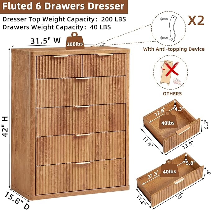 LEYAOYAO Fluted 6 Drawers Dresser for Bedroom Set of 2, 42" Tall Modern Chest of Drawers with Metal Handle, Curved Profile Design,Brown Wood Drawer Organizer for Bedroom, Living Room, Hallway