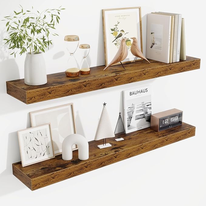 Fun Memories Floating Shelves for Room Wall, 36 Inch Long Shelf Set of 2， Hanging Wood Shelves for Storage & Display, Rustic Brown