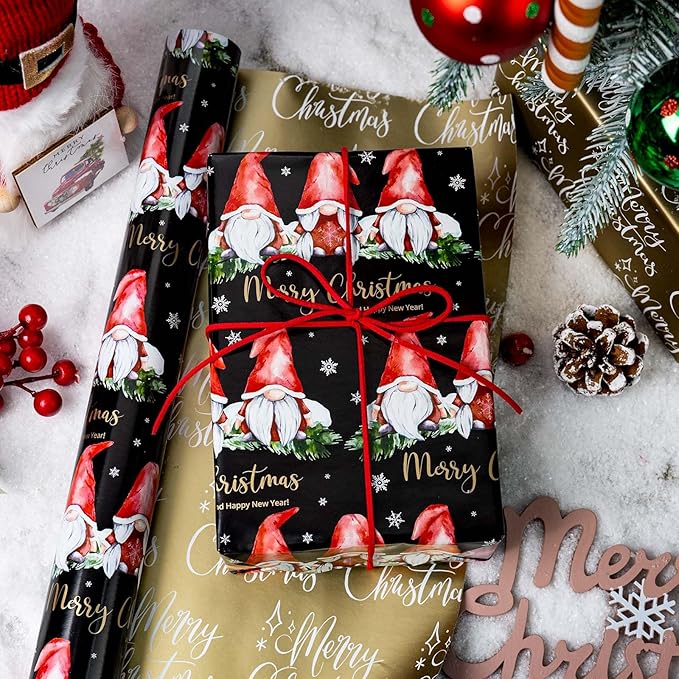 MAYPLUSS Christmas Wrapping Paper Roll - 17IN X 33FT - Gnome Gift Wrapping Paper Featuring white Snowflake Against black Reversible Merry Christams for Kids, Holiday, New Year