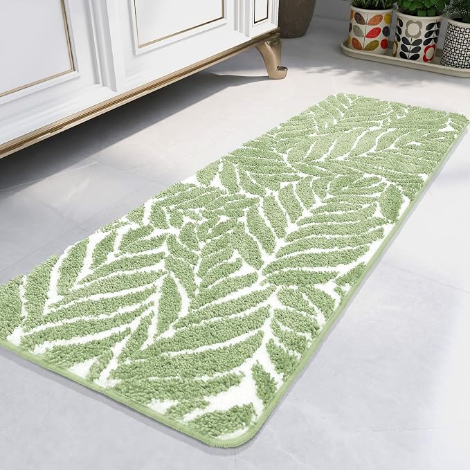 Sage Green Bathroom Rug Runner - Long Bath Mat for Bathroom Non Slip Bath Runner Decor Water Absorbent Long Rug for Sink Bathtub Leaf Bath Mat 18" x 47"