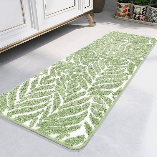 Sage Green Bathroom Rug Runner - Long Bath Mat for Bathroom Non Slip Bath Runner Decor Water Absorbent Long Rug for Sink Bathtub Leaf Bath Mat 18" x 47"
