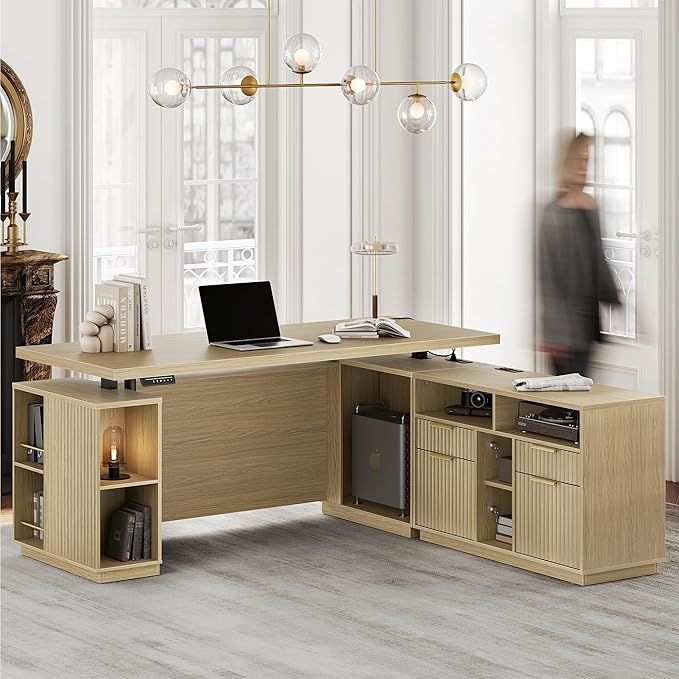 Standing Desk with File Cabinet, 70 Inch L Shaped Electric Height Adjustable Executive Desk with AC/USB and Privacy Panel, Computer Corner Table for Home Office, Light Walnut