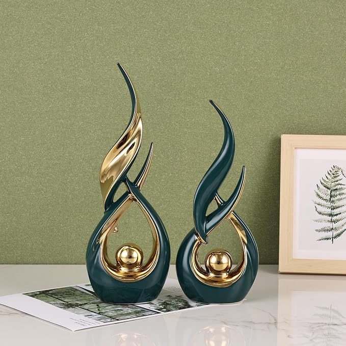 2 PCS Green Gold Ceramic Statues For Home Decor Accents, Modern Abstract Art Sculptures, Elegant Tabletop Decorative Objects For Dining Room, Entryway, Tv Stand, Mantel, Coffee Table Centerpieces