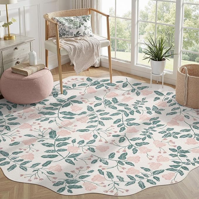 DCX Pink Botanical 5x5 Rug, Machine Washable Non Slip Stain Resistant Carpet, Kid & Pet Friendly Low Pile Floral Scalloped Rug for Living Room, Bedroom, Home Office
