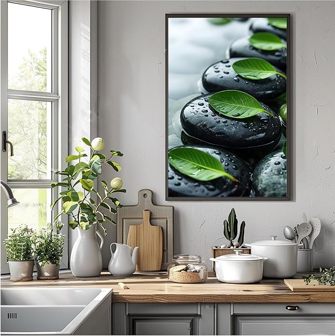 Glittering black stone cluster with fresh green leaves and water drops poster tranquil mist rain wall art zen wall art suitable for modern minimalist home decor 8x12in Metal blackFramed