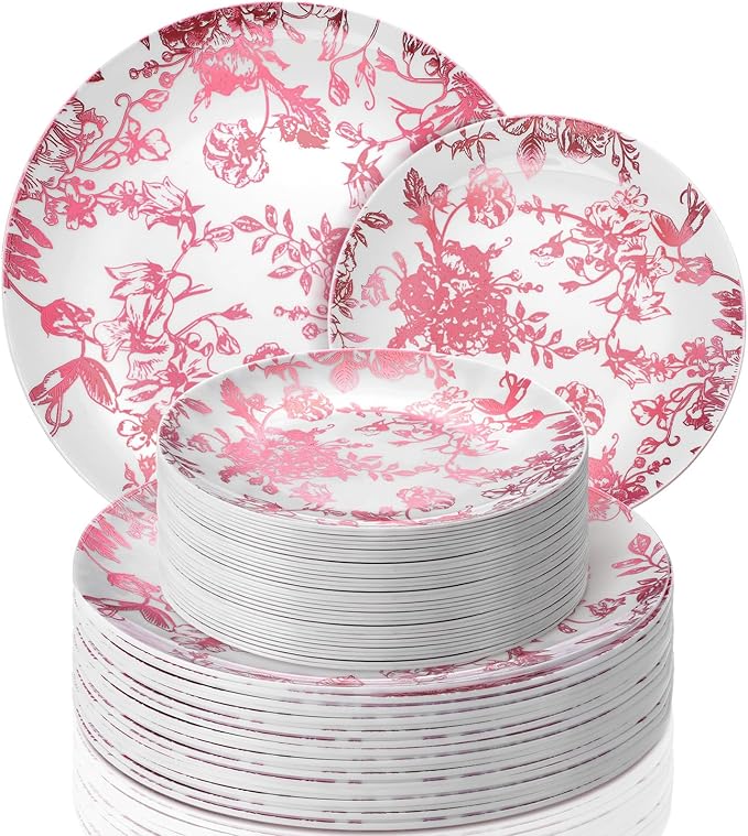 Suclain 60 Pcs Pink Plastic Floral Plates Disposable Heavy Duty White with Pink Floral 9" Dinner Plate and 7" Dessert Plate, Disposable Plastic Plates for Party Birthday Bridal Shower