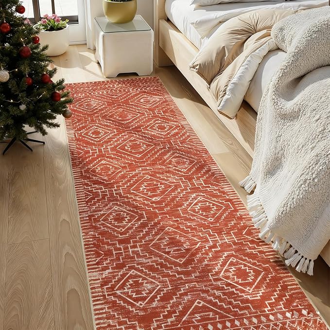 Wonnitar Moroccan 2'6"x8' Hallway Runner Rug, Washable Long Farmhouse Laundry Room Rug Runner, Non-Skid Boho Tribal Geometric Floor Carpet Runners for Kitchen Entrance Bathroom (Brown,2'6"x8')
