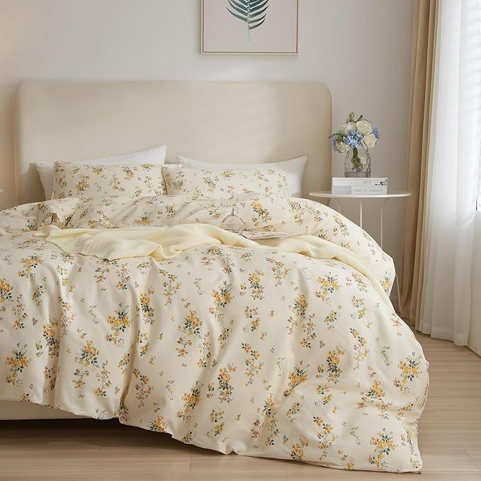 Yellow Floral Comforter Set Full Size Garden Style Flower Botanical Comforter Set Fluffy Soft Vintage Floral Bedding Set Full Chic Cottagecore Flowers Comforter with 2 Pillowcases for All Seasons