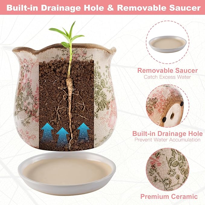 Ceramic-Planters-for-Indoor-Plants with Saucer, 6 inch Vintage Ice Crackle Glaze Plant Pots with Drainage Holes, Decorative Flower Pots for Outdoor Garden Home Decor, Tuscan Pot for Plant