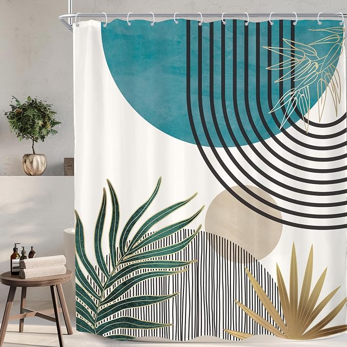 KOMLLEX Mid Century Boho Shower Curtain for Bathroom Decor Abstract Blue Modern Minimalist Grey Aesthetic Sun Arch Curve Leaves Geometric Neutral Fabric Waterproof Polyester 12 Pack Hook 60Wx72L