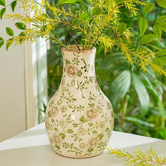 Sungmor Blue and White Ceramic Flower Vase, Vintage Ice Cracked Glaze Porcelain Vase, Pretty Centerpieces Flower Arrangement Vase for Home Decor, 8.2 Inch Decorative Vases for Table, Shelf, Mantel