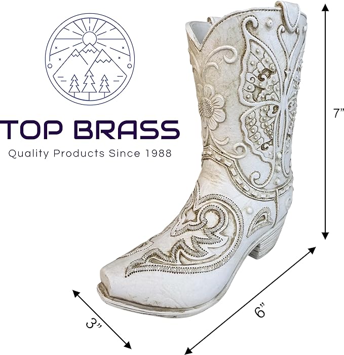 Top Brass Butterfly Boot Vase – Resin Cowboy/Cowgirl Boot Decor - Antique White Finish, Tooled Leather Look, Protective Pads, Modern Rustic Western Flower Holder, 7” Tall