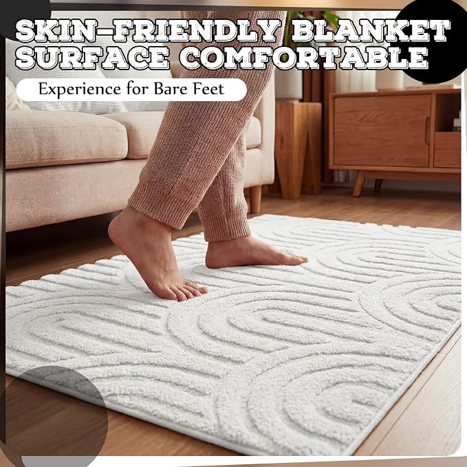 Drydiet White Boho Jacquard Bathroom Rug for Bathroom 3D Arched Stripes Non Slip Absorbent Extra Thick Soft Carpet, Plush Bath Rug with Rubber Backing for Bath Shower, 20''x30''