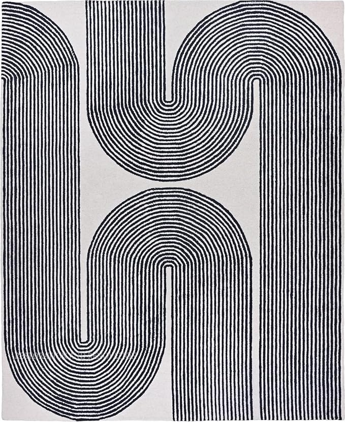 Modern Handmade Wool Area Rug, Abstract Curved Line Geometric Carpet for Living Room Bedroom, Contemporary Tufted Indoor Rug with Soft Pile and Cotton Backing (Ink, 8' x 12')