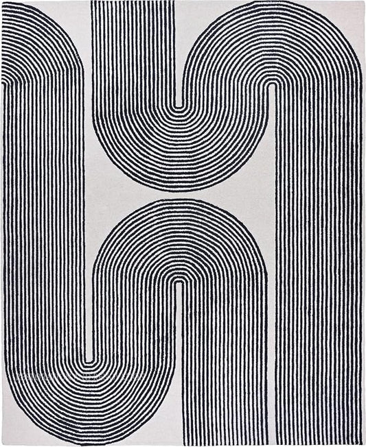 Modern Handmade Wool Area Rug, Abstract Curved Line Geometric Carpet for Living Room Bedroom, Contemporary Tufted Indoor Rug with Soft Pile and Cotton Backing (Ink, 6' x 8')