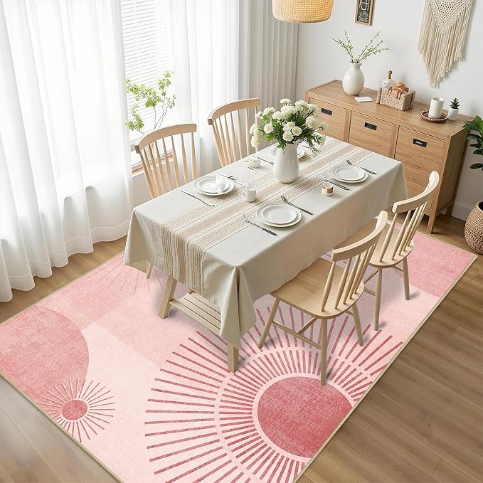 Sun Large Area Rug 4x6 for Living Room Mid Century Modern Rugs Machine Washable Boho Geometric Rug Non Slip Printed Low Pile Indoor Floor Carpet for Dining Room Bedroom Office,Pink