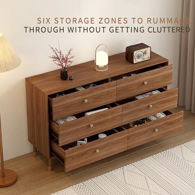 6-Drawer Dresser, Solid Wood Frame, Sturdy and Spacious Design, Modern Bedroom Storage Organizer, Multi-Functional Chest for Bedroom, Hallway, Living Room, or Office (Walnut Color, 47.2)