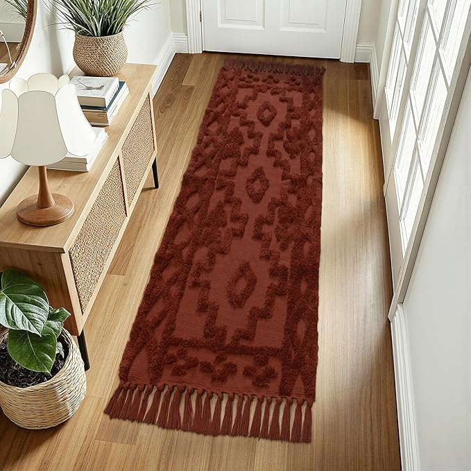 Uphome Boho Runners for Hallways 2' x 8', Washable Farmhouse Entryway Runner Rug, Cotton Tufted Bedroom Runner Rugs, Bohemian Tribal Aesthetic Rug for Kitchen Doorway Bathroom Living Room, Terracotta