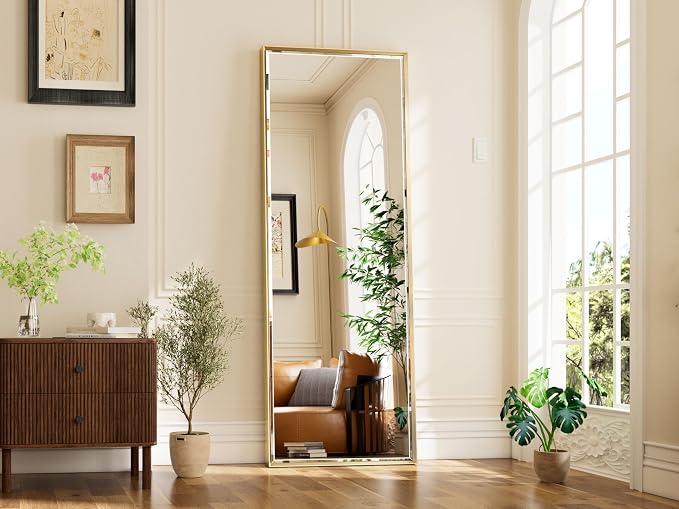 16x60 Inch Brushed Gold Full Length Mirror with Beveled Edges, Anti‑Rust Gold Rectangle Standing or Wall Mounted Full Body Mirror for Bedroom, Living Room, Entryway, Bathroom Wall