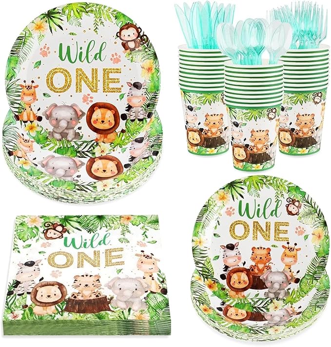 168 PCS Wild One Birthday Tableware Supplies, Disposable Plates Napkins Cups Knives Forks Spoons, Elephant Tiger Tableware Set for Jungle Safari Birthday Baby Shower Christmas Party Decor, Serves 24