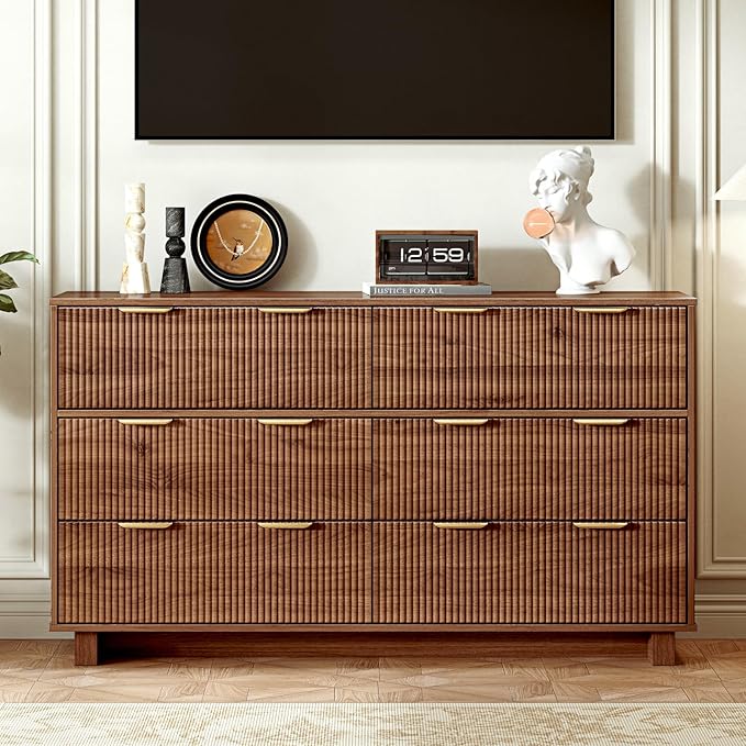 54.72" Modern Chest of Drawer, 6 Deep Drawers,Clothes Organizer,Large Storage Cabinet for Living Room, Bedroom,Dresser TV Stand, Wood Drawer Organizer for Living Room, Hallway, Sepia