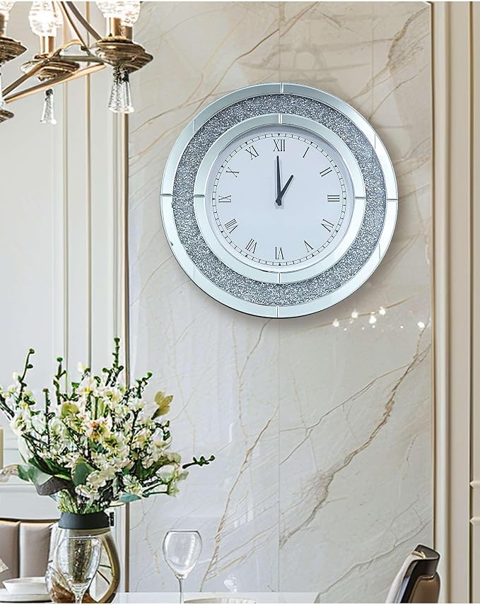Crushed Diamond Wall Clock Round Decorative Mirrored Clock 32 inch Silver