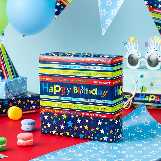 Burymento Reversible Birthday Wrapping Paper for Boys Girls Kids Adults Baby Shower Holiday - Colorful Happy Birthday Lettering and Stars Design - Blue Gift Wrapping Paper Roll, 17 Inch X 32.8 Feet