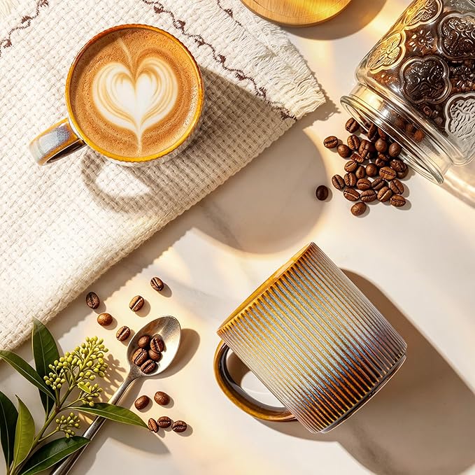 theterra Ceramic Coffee Mugs Set of 6, 14.2oz Handmade Coffee Cups with Handle for Latte, Tea, Milk, Beer, Hot Cocoa, Dusk Blue