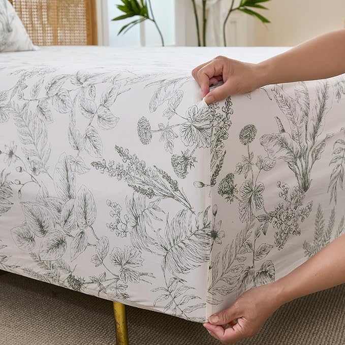 100% Cotton Sheet Set Queen Size – 4-Piece Chic Garden Floral Bedding Set, Soft Breathable Percale Weave, Deep Pocket Fitted Sheet 17.5", Crisp Cool Feel, Refined Botanical Elegance