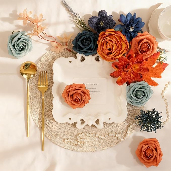 SwanMoon Artificial Flowers Combo Box Set, Halloween 26pcs Orange Silk Roses & Daisy with Stems for DIY Wedding Bouquets, Autumn Party Centerpieces & Home Decor