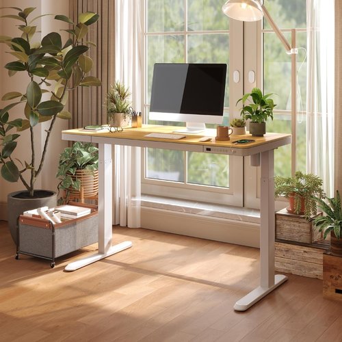 FLEXISPOT Electric Standing Desk - Adjustable Height with Drawer Storage & USB Ports | Natural Desktop & White Frame