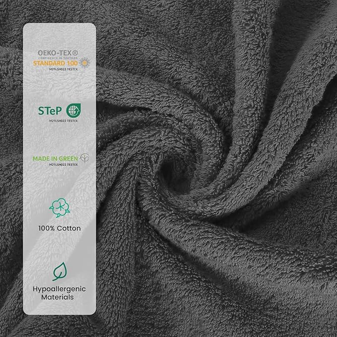 SEMAXE Bath Towel Set, 12 Piece Cotton Towel Set for Bathroom, More Towels for Family Use, Quick Dry with Hanging Loops, Easy Care, Grey