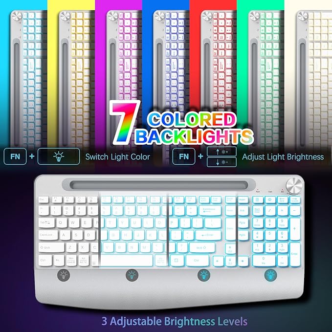 JOYACCESS Ergonomic Wireless Keyboard with Phone Holder,Rechargeable Backlt Wireless Keyboard Mouse Combo with Light Up Keys for for Laptop, PC, Mac, Windows-Silver White