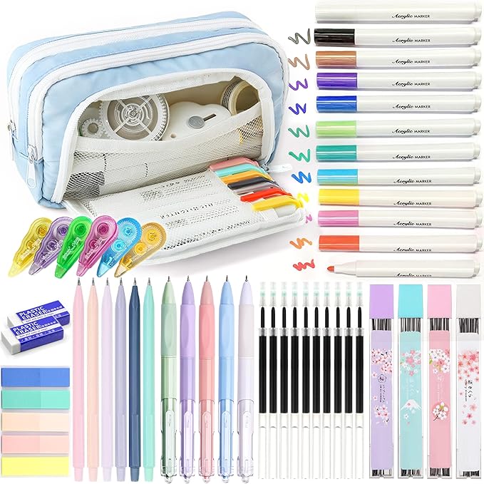 Ristpal 42 PCS Aesthetic School Supplies with Large Pencil Case, 12 Marker Pens with box, 5 Black Ink Gel Pens, 6 Mechanical Pencils Set, Sticky Notes, Complete Essentials Stationery Kit for Students