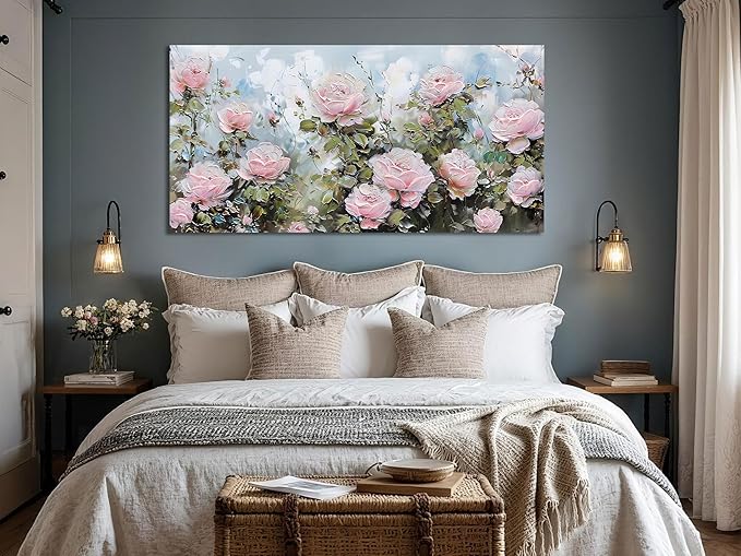 Ardemy Flower Wall Art Canvas Art Wall Decor, Floral Painting Textured Picture Living Room Pink Rose Artwork Large Framed for Bedroom Kitchen Dining Room Home Office Decor 48"x24"