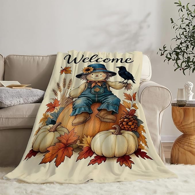 Fall Pumkin Blanket Farmhouse Autumn Harvest Throw Blanket Fall Scarecrow Soft Cozy Fleece Fuzzy Stuffed Plush Flannel Gifts for Girls Women Boys Kids Adults 40''x50''