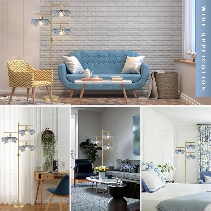 Gold Dimmable floor lamp ,tall lamp for living room corner ,mid century modern floor lamp Brass Tree Lamp Blue Glass Shade ,Standing Lamps vintage retro floor light for Bedroom corner Study Office