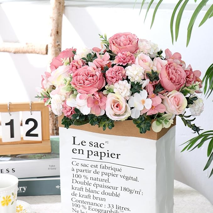 4 Bundles Pink Peonies Artificial Flowers Silk Flower Centerpieces for Tables Fake Flower Arrangements Bouquets Mixed Roses Hydrangea with Stems for Wedding Bridal Bouquets Home Table Decor