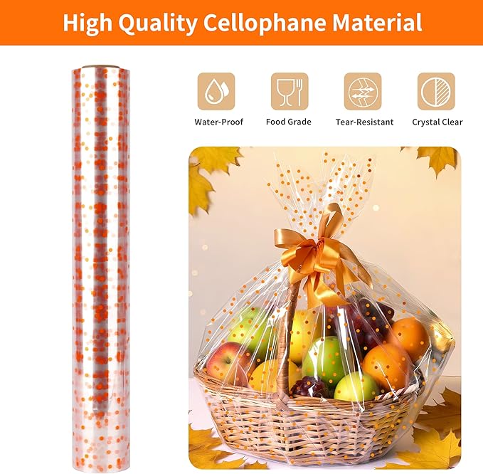CMFYHM Clear Cellophane Wrap Roll with Orange Polka Dots | 34" x 100’ | 3 Mil Transparent Cellophane Roll,Gift Wrap Cellophane,large Cellophane Wrap Film for Autumn Thanksgiving Baskets, Gifts, Treats,Crafts, Halloween Wrapping